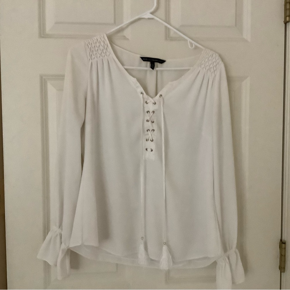 White House Black Market Cream Long Sleeve Tie Front Blouse